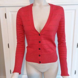American Eagle red fitted cardigan with sparkle stripes, size small